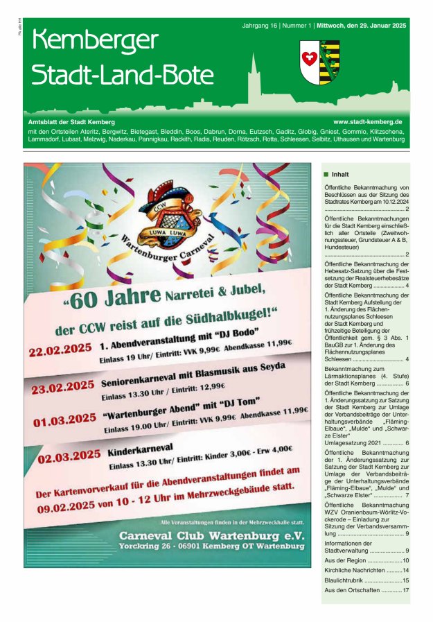 Kemberger Stadt-Land-Bote Amtsblatt der Stadt Kemberg Titelblatt 01/2025