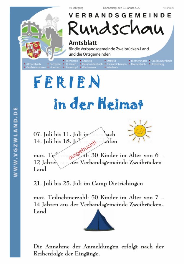 Verbandsgemeinde Rundschau Zweibrücken-Land Titelblatt 04/2025