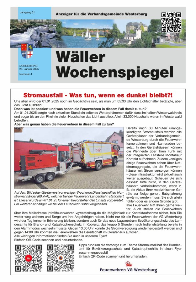 Wäller Wochenspiegel - Anzeiger für die Verbandsgemeinde Westerburg Titelblatt 04/2025