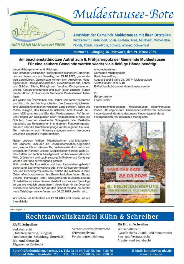 Muldestausee-Bote – Amtsblatt der Gemeinde Muldestausee mit ihren Ortsteilen Titelblatt 01/2025