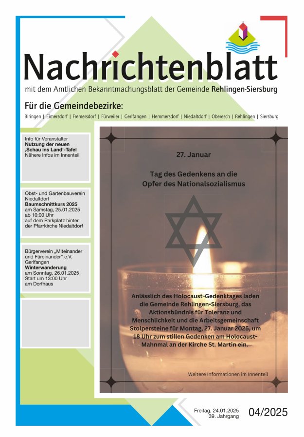 Nachrichtenblatt Rehlingen-Siersburg Titelblatt 04/2025