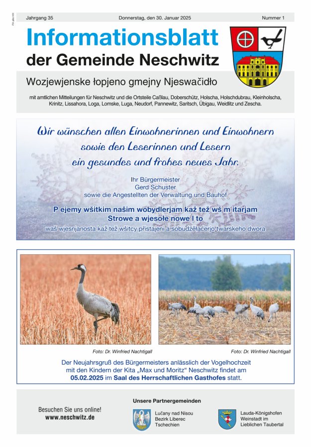 Informationsblatt der Gemeinde Neschwitz mit amtlichen Mitteilungen Titelblatt 01/2025