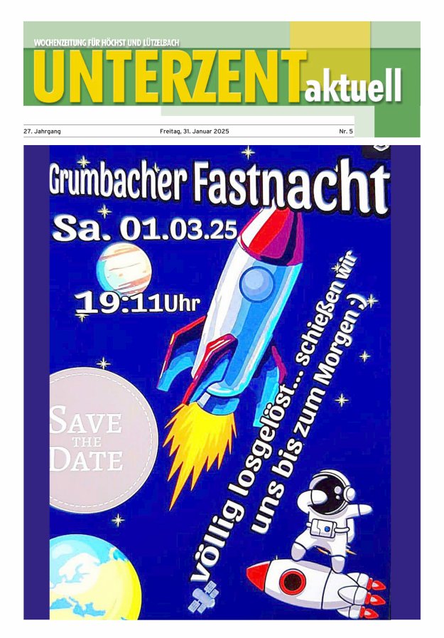 Unterzent aktuell Wochenzeitung für Höchst und Lützelbach Titelblatt 05/2025