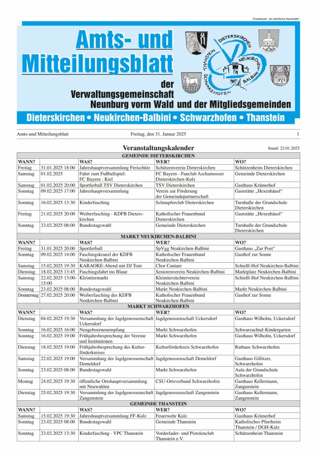Amts- u Mitteilungsblatt der VG Neunburg vorm Wald u d Mitgliedsgemeinden Titelblatt 01/2025