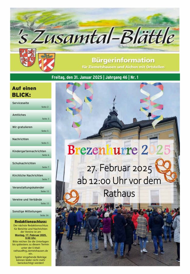 's Zusamtal-Blättle Bürgerinformationen für Ziemetshausen und Aichen mit OTen Titelblatt 01/2025