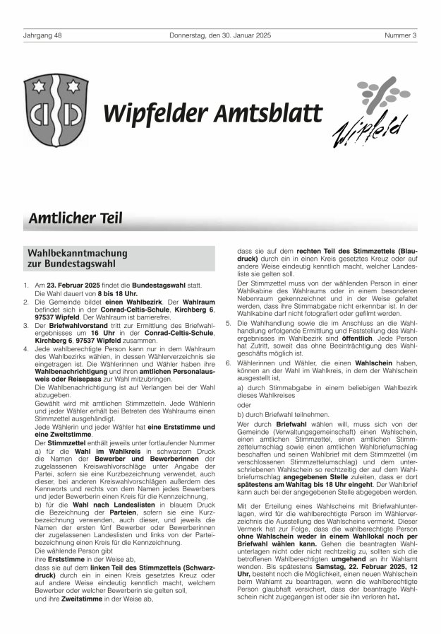 Wipfelder Amtsblatt Titelblatt 03/2025