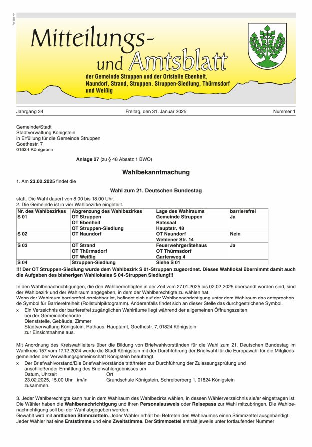 Mitteilungs- und Amtsblatt der Gemeinde Struppen und der Ortsteile Titelblatt 01/2025