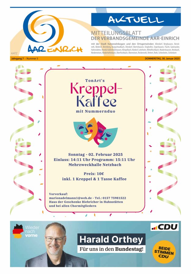 Mitteilungsblatt der Verbandsgemeinde Aar-Einrich Ausgabe Katzenelnbogen Titelblatt 05/2025