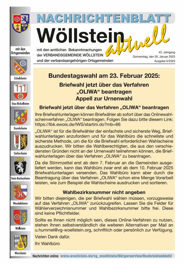 Nachrichtenblatt Wöllstein aktuell Titelblatt 05/2025