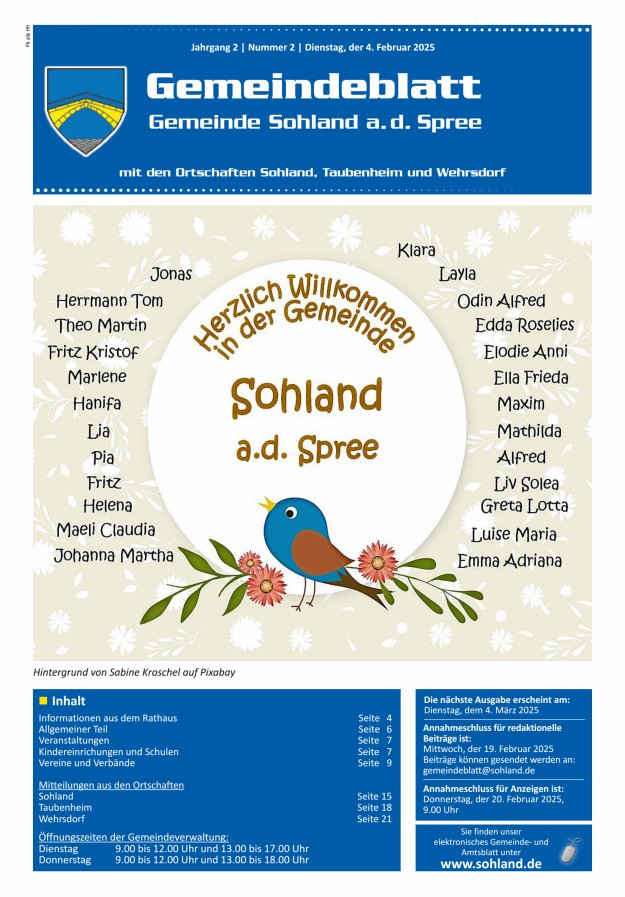 Amtsblatt der Gemeinde Sohland a. d. Spree mit den Ortschaften Sohland, Taubenheim und Wehrsdorf Titelblatt 02/2025