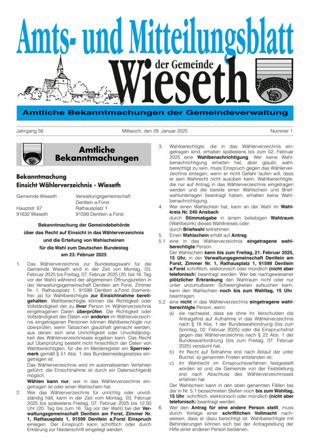 Amts- und Mitteilungsblatt der Gemeinde Wieseth Titelblatt 01/2025