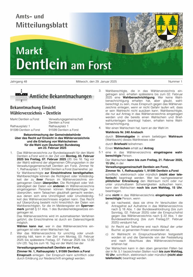 Amts- und Mitteilungsblatt Markt Dentlein am Forst Titelblatt 01/2025
