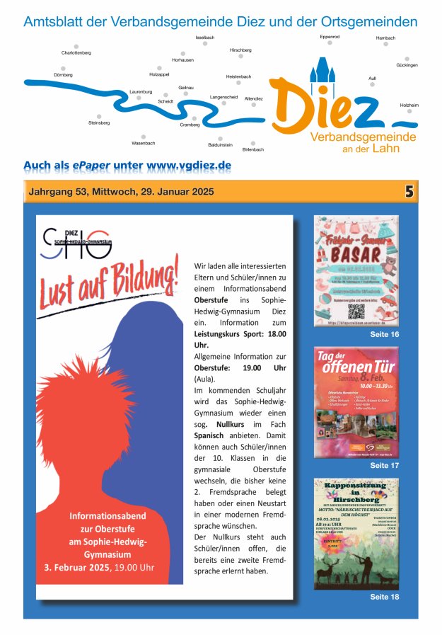 Mitteilungsblatt der Verbandsgemeinde Diez und der Ortsgemeinden Titelblatt 05/2025