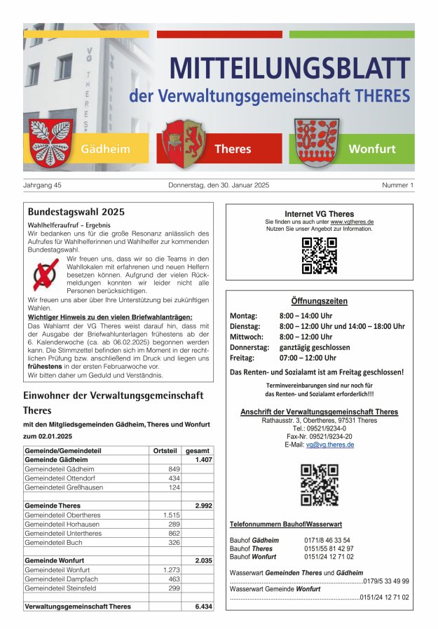 Mitteilungsblatt der Verwaltungsgemeinschaft Theres Titelblatt 01/2025