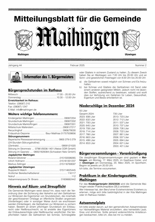 Mitteilungsblatt für die Gemeinde Maihingen Titelblatt 02/2025
