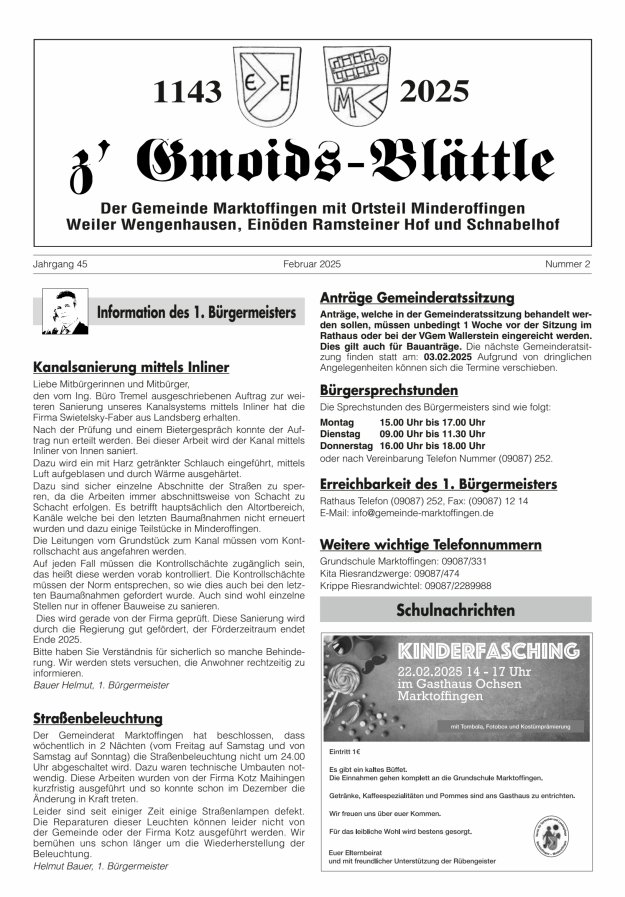 z'Gmoids-Blättle der Gemeinde Marktoffingen mit Ortsteilen Titelblatt 02/2025