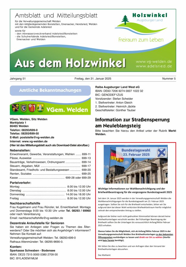 Aus dem Holzwinkel Amtsblatt u Mitteilungsblatt f VG Welden u GemAdelsried Titelblatt 05/2025