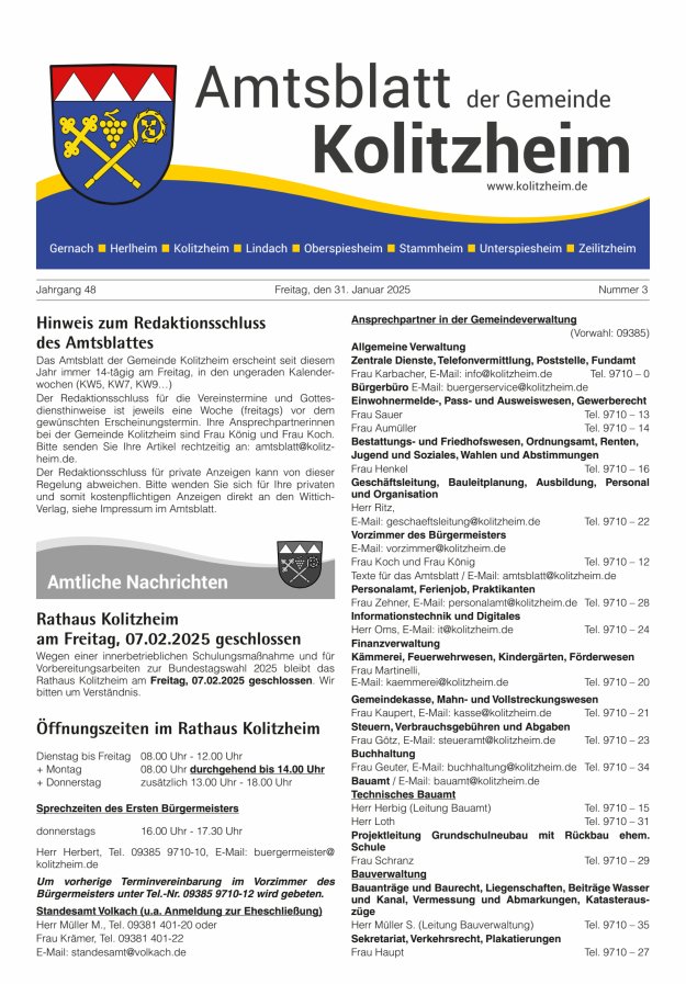 Amtsblatt der Gemeinde Kolitzheim Titelblatt 03/2025