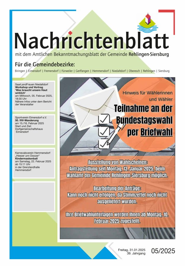Nachrichtenblatt Rehlingen-Siersburg Titelblatt 05/2025