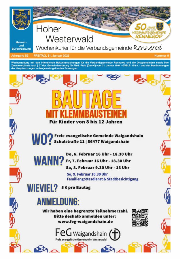 Hoher Westerwald - Wochenkurier für die Verbandsgemeinde Rennerod Titelblatt 05/2025