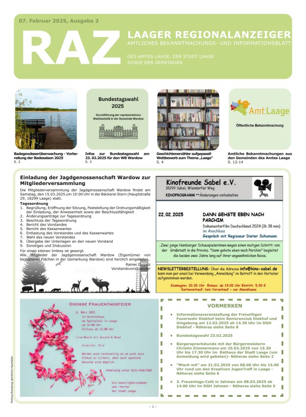 Laager Regionalanzeiger Titelblatt 02/2025