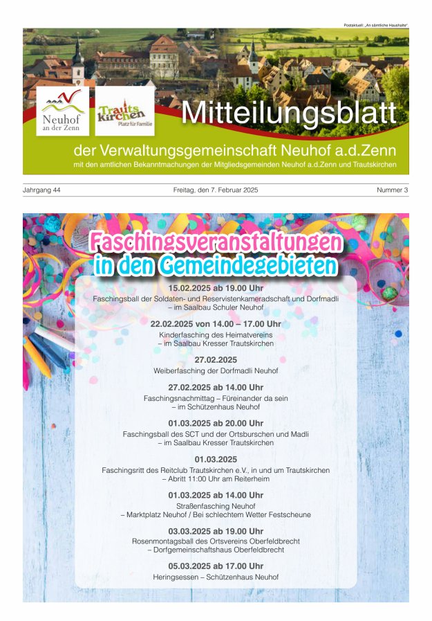 Mitteilungsblatt der Verwaltungsgemeinschaft Neuhof an der Zenn mit den amtlichen Bekanntmachungen der Mitgliedsgemeinden Neuhof an der Zenn und Trautskirchen Titelblatt 03/2025