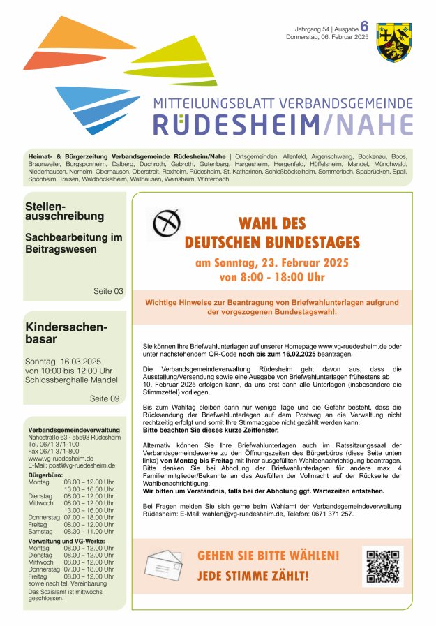 Mitteilungsblatt Verbandsgemeinde Rüdesheim und zugehörige Ortsgemeinden Titelblatt 06/2025