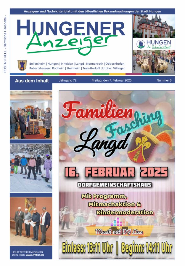 Anzeigen- und Nachrichtenblatt mit den öff  Bekanntmachungen der Stadt Hungen Titelblatt 06/2025