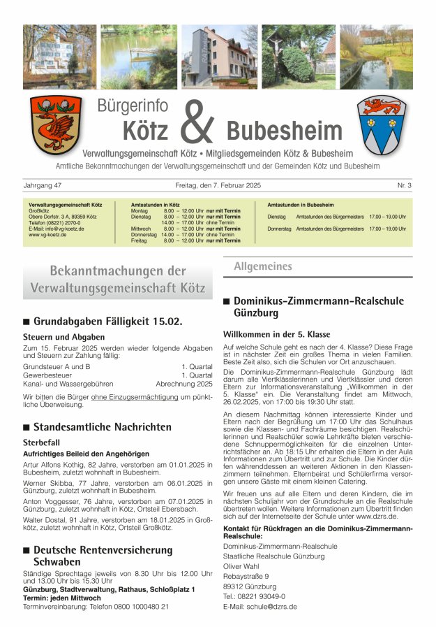 Amtsblatt der VG Kötz und der Mitgliedsgemeinden Titelblatt 03/2025
