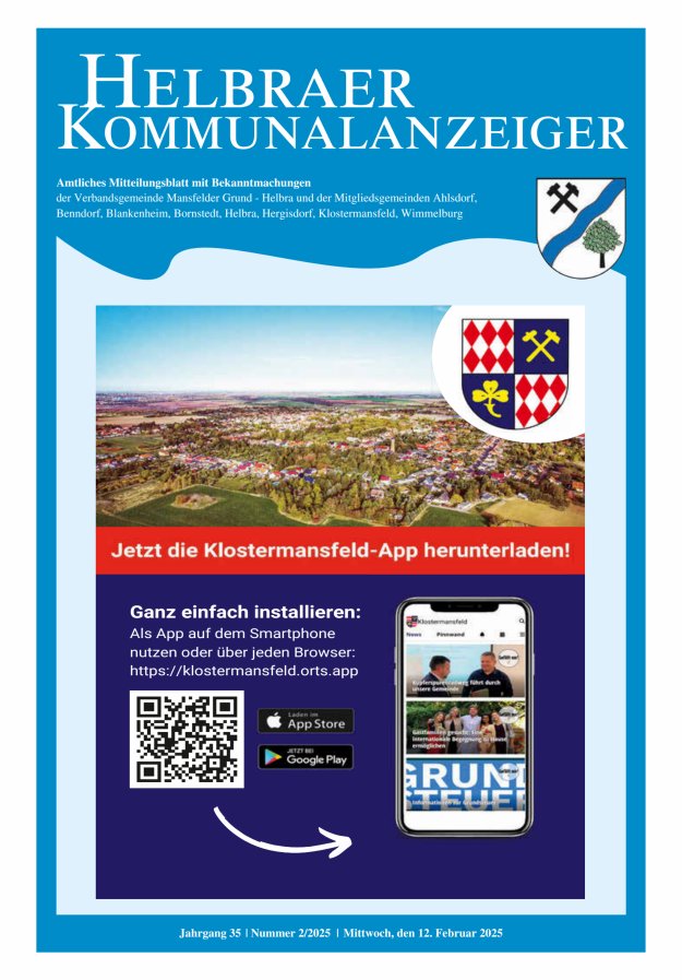 Helbraer Kommunalanzeiger – Amtliches Mitteilungsblatt mit Bekanntmachungen Titelblatt 02/2025