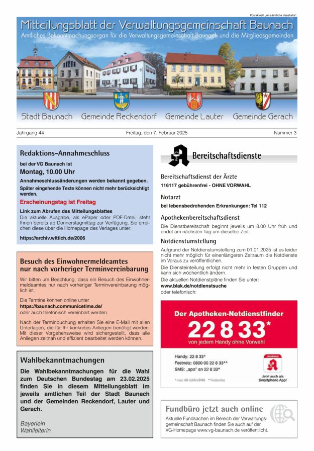 Mitteilungsblatt Verwaltungsgemeinschaft Baunach Titelblatt 03/2025