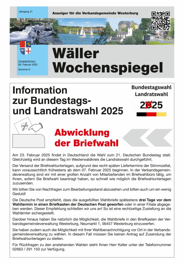 Wäller Wochenspiegel - Anzeiger für die Verbandsgemeinde Westerburg Titelblatt 06/2025