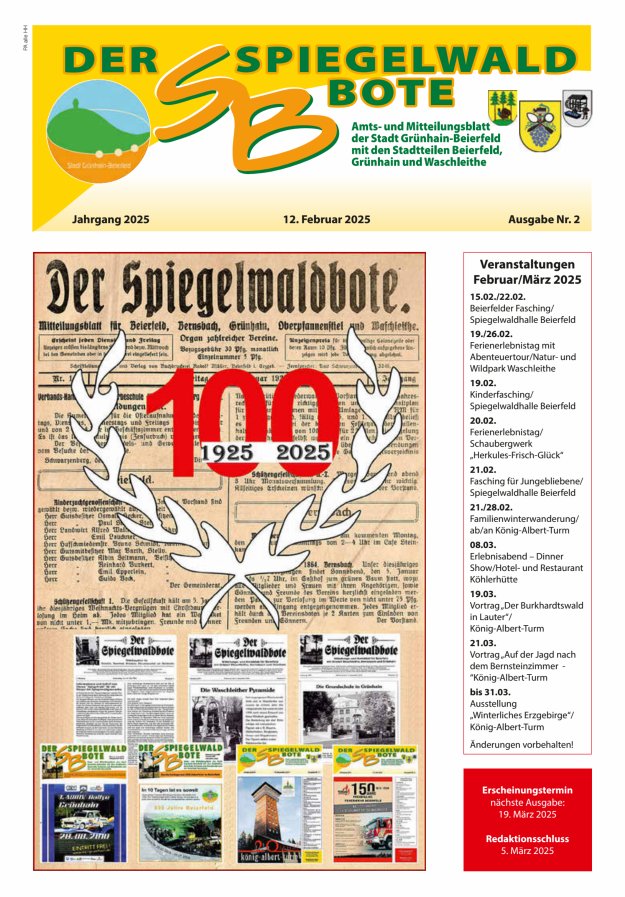 Der Spiegelwaldbote - Amts- und Mitteilungsblatt der Gemeinde Grünhain-Beierfeld  Titelblatt 02/2025