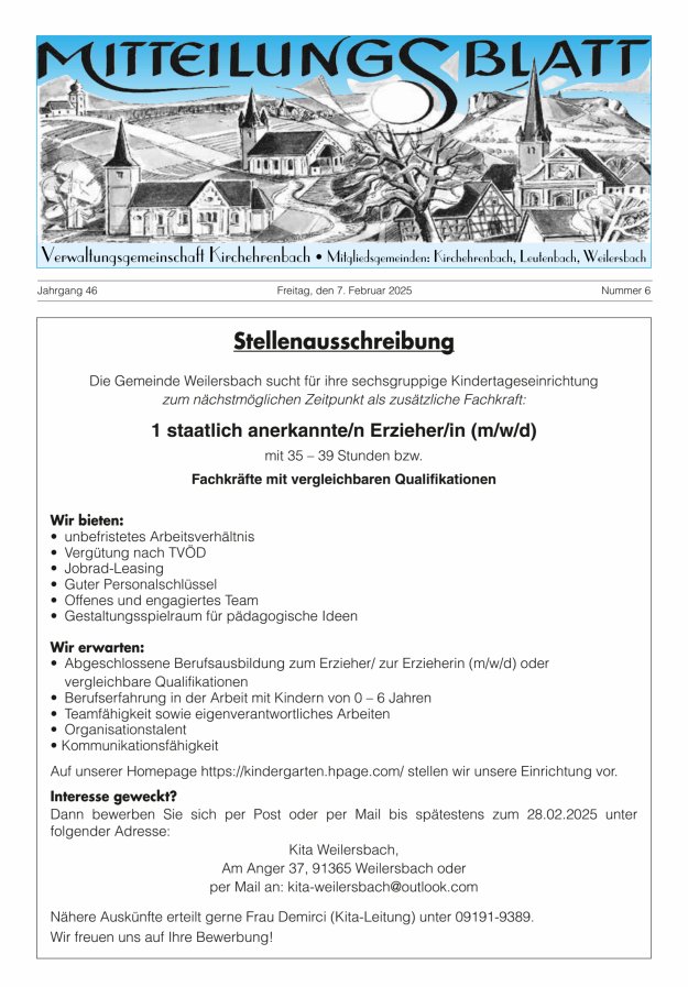 Mitteilungsblatt Verwaltungsgemeinschaft Kirchehrenbach Titelblatt 06/2025
