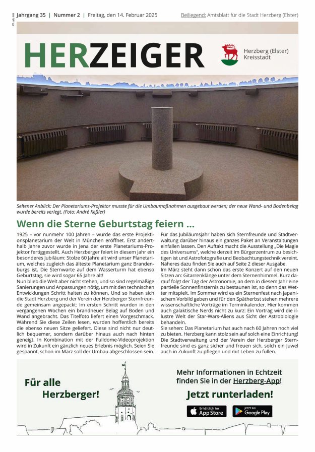Amtsblatt für die Stadt Herzberg (Elster) mit Bekanntmachungen der Stadt  Titelblatt 02/2025