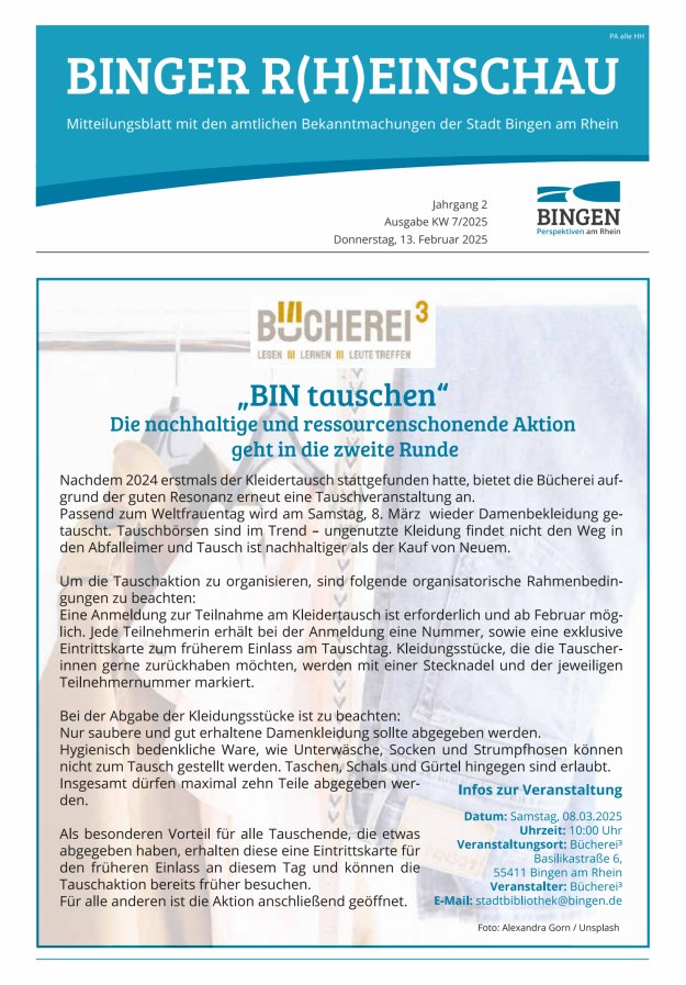 Binger R(h)einschau - Mitteilungsblatt mit den Amtlichen Bekanntmachungen der Stadt Bingen Titelblatt 07/2025