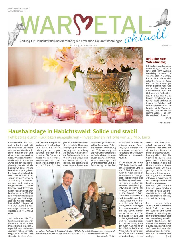 Warmetal aktuell (Habichtswald + Zierenberg) Titelblatt 07/2025
