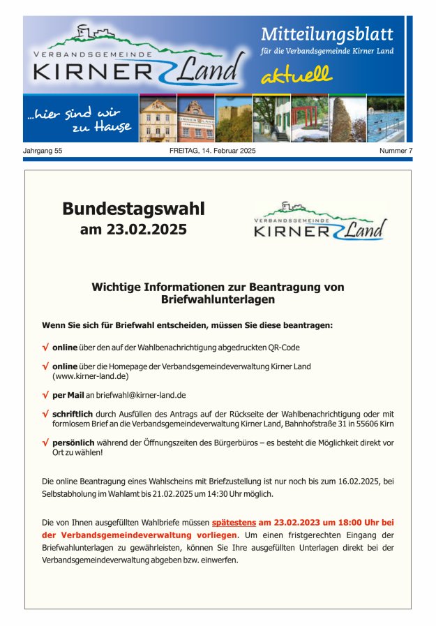 Mitteilungsblatt für den Bereich der Verbandsgemeinde Kirner Land Titelblatt 07/2025