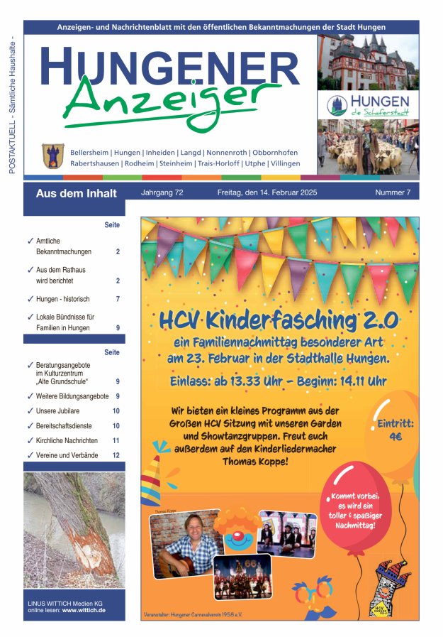 Anzeigen- und Nachrichtenblatt mit den öff  Bekanntmachungen der Stadt Hungen Titelblatt 07/2025