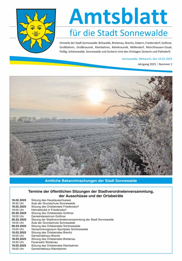 Amtsblatt für die Stadt Sonnewalde Titelblatt 02/2025