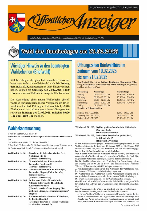 Öffentlicher Anzeiger - Stadt Püttlingen Titelblatt 07/2025