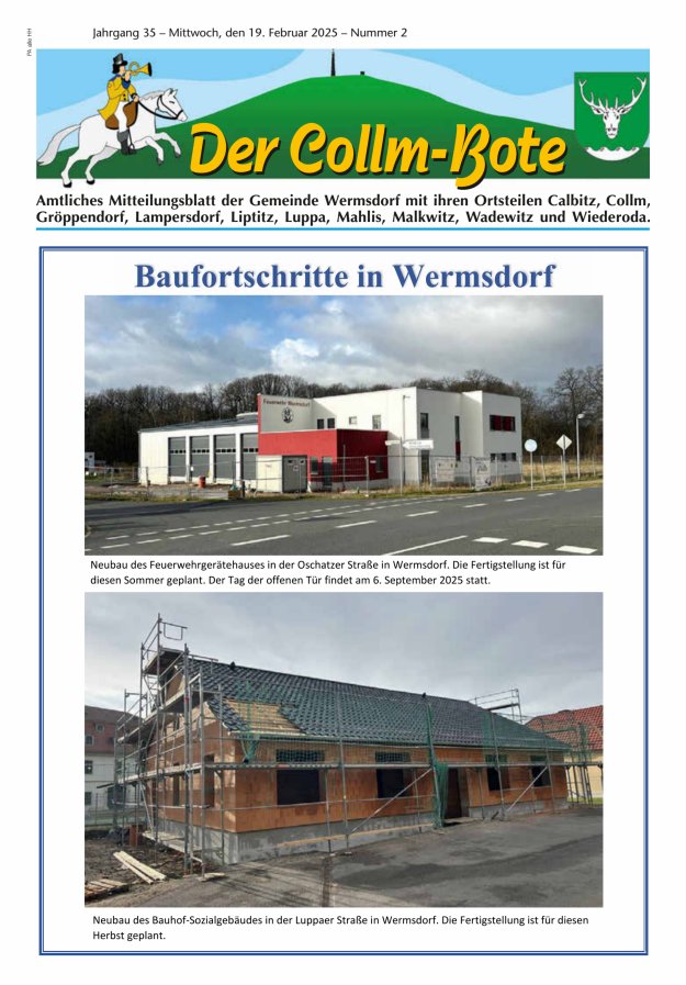Collm-Bote – Amtliches Mitteilungsblatt der Gemeinde Wermsdorf mit ihren Ortsteilen Titelblatt 02/2025