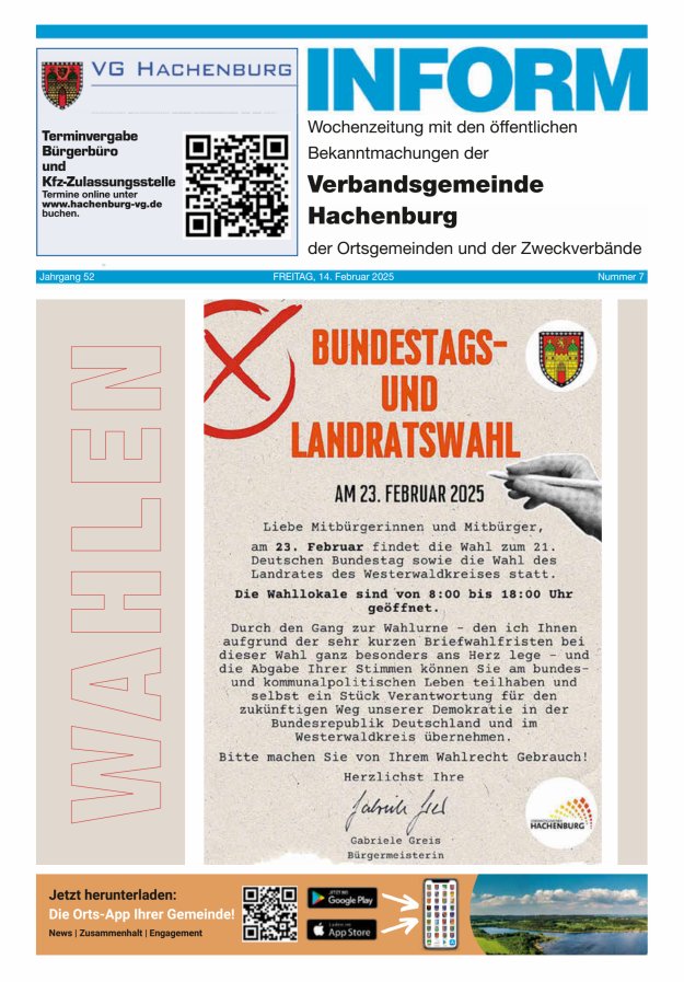 INFORM - Wochenzeitung der Verbandsgemeinde Hachenburg Titelblatt 07/2025