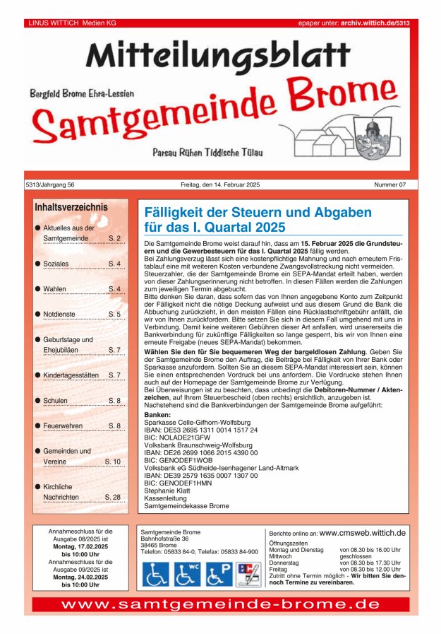 Mitteilungsblatt der Samtgemeinde Brome Titelblatt 07/2025