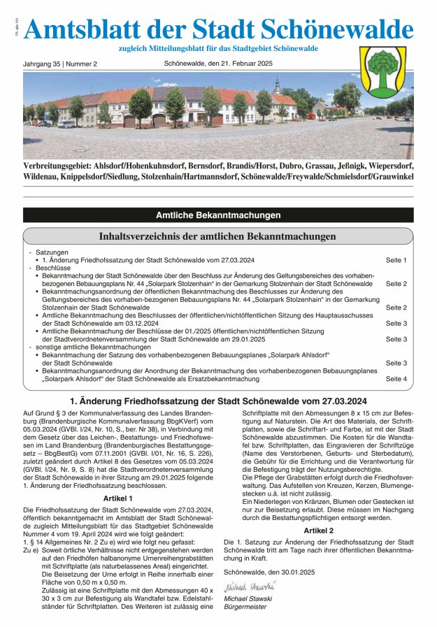 Amtsblatt der Stadt Schönewalde - Mitteilungsblatt für das Stadtgebiet Titelblatt 02/2025