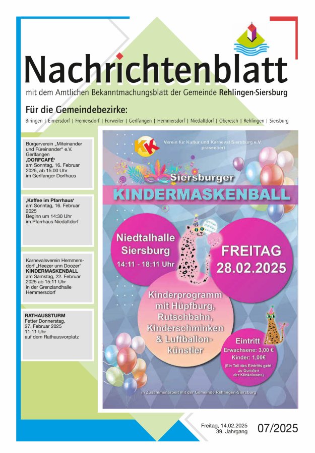 Nachrichtenblatt Rehlingen-Siersburg Titelblatt 07/2025