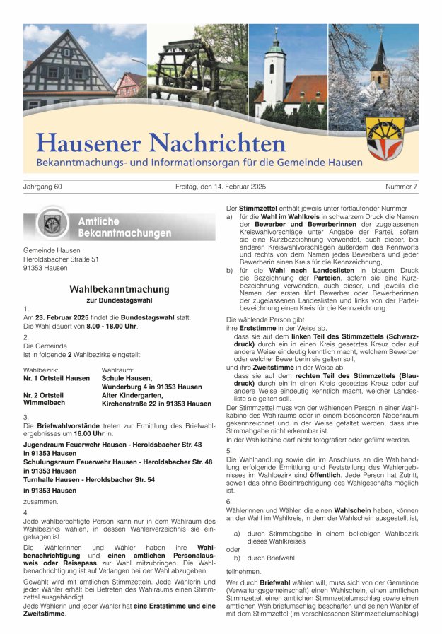 Hausener Nachrichten Titelblatt 07/2025
