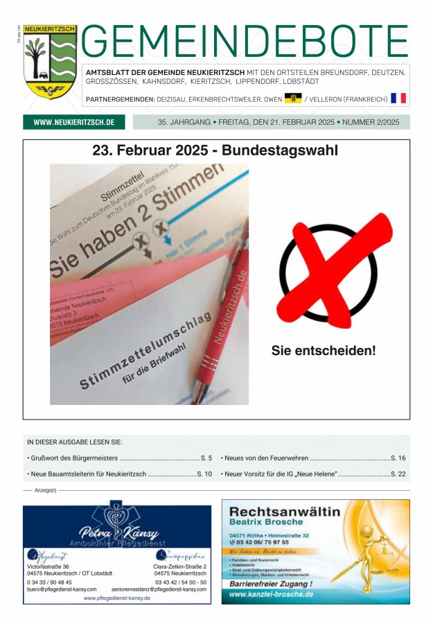 Gemeindebote - Amtsblatt der Gemeinde Neukieritzsch mit den Ortsteilen Titelblatt 02/2025