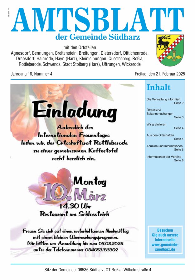 Amtsblatt der Gemeinde Südharz Titelblatt 04/2025
