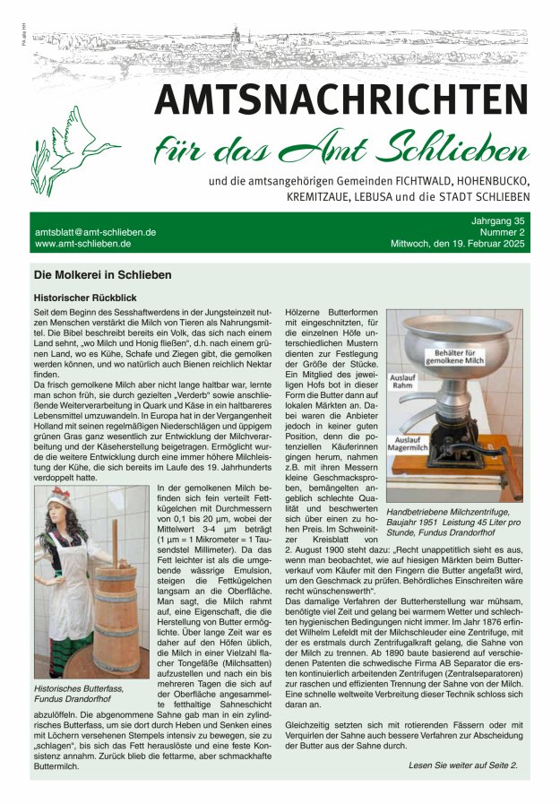 Amtsnachrichten – Amtsblatt für das Amt Schlieben und die amtsangehörigen Gemeinden Titelblatt 02/2025